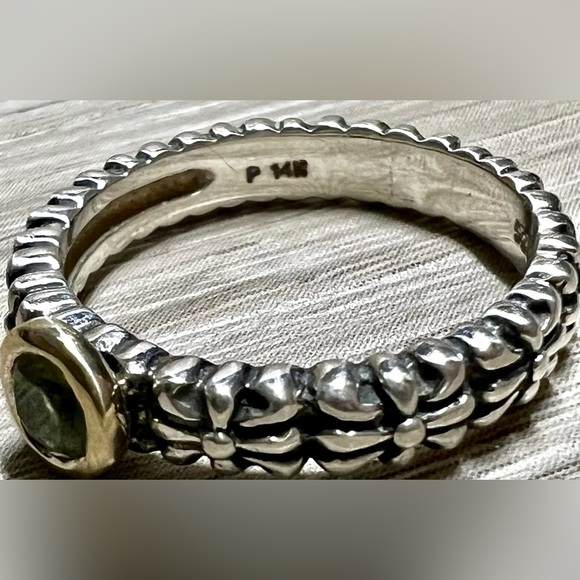 Vintage Designer Signed P Sterling Silver & 14K Gold Peridot Ring, Size 7 - Picture 7 of 11